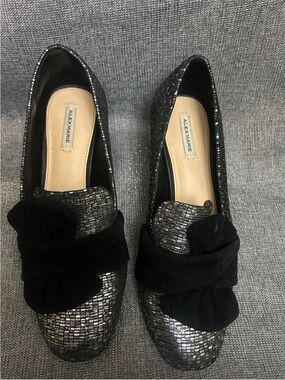 Alex Marie Black Metallic Textured Loafers with Knotted Bow Accent